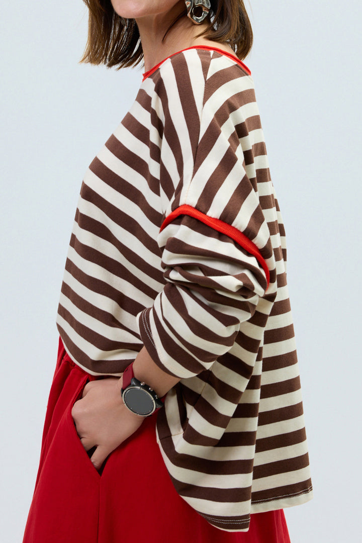 Brown Stripe Casual Long Sleeve Contrast Trim Round Neck Shift Top