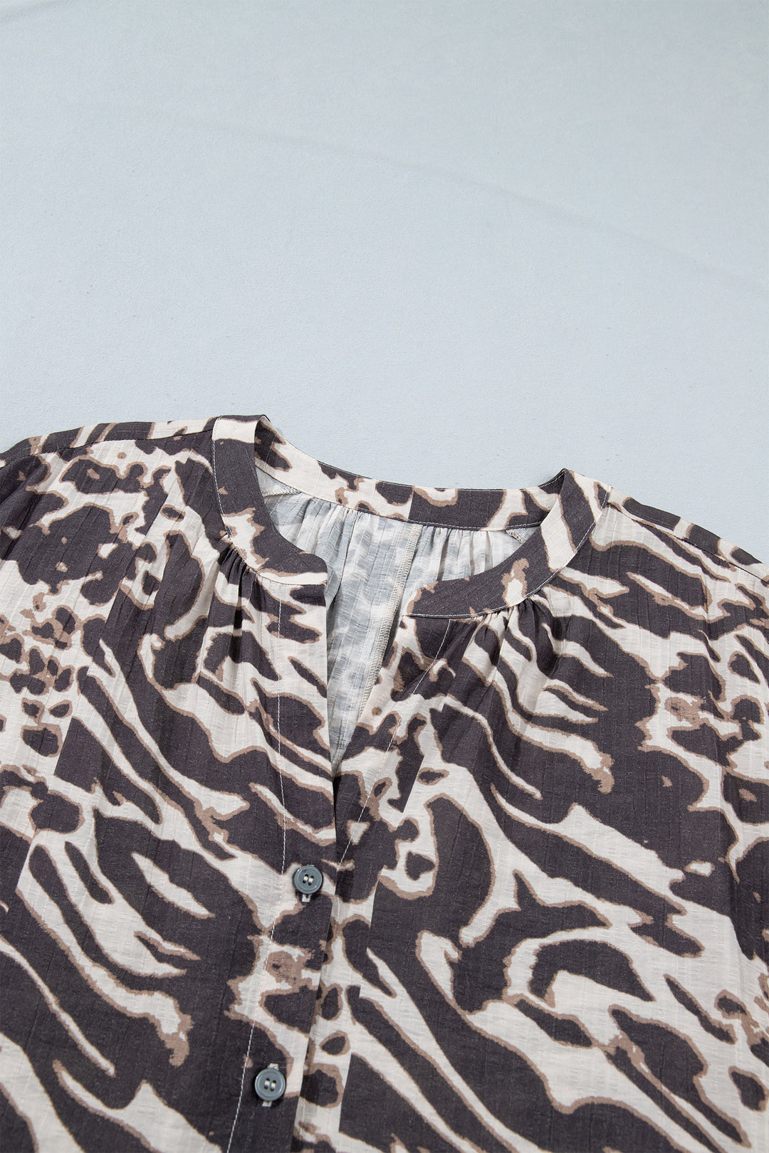 Parchment Leopard Print V Neck Button Down Balloon Sleeve Shirt