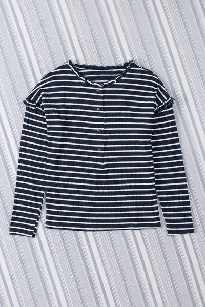 Black Striped Print Ruffled Buttoned Long Sleeve Top