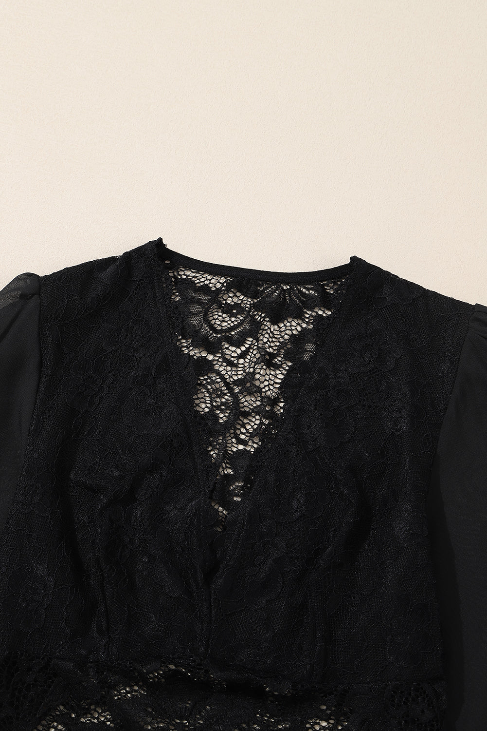 Black Bubble Sleeve Scalloped Lace Bodysuit