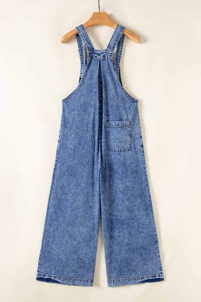 Light Blue Mineral Wash Buttoned Straps Wide Leg Denim Overalls