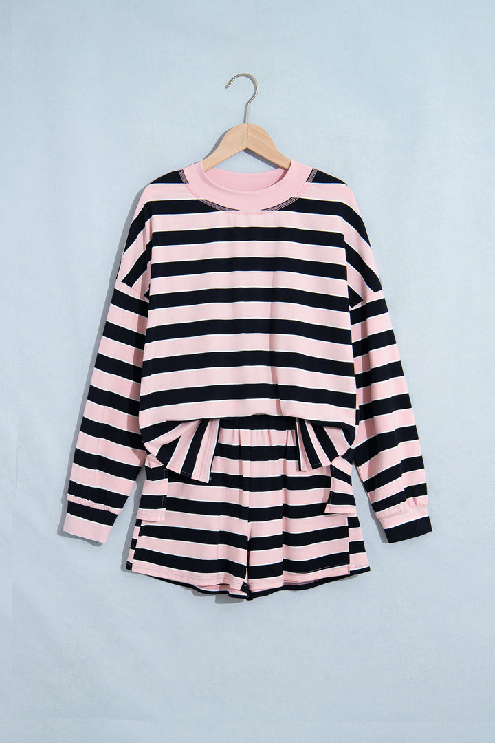 Pink Stripe Oversized Long Sleeve Top Elastic Waist Shorts Casual 2pcs Set