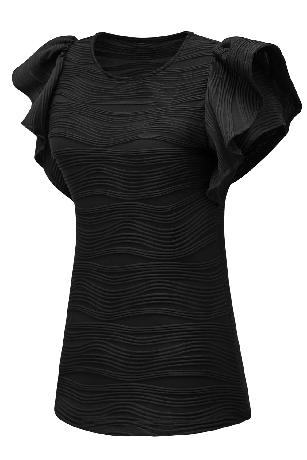 Black Wavy Textured Ruffle Sleeve Top