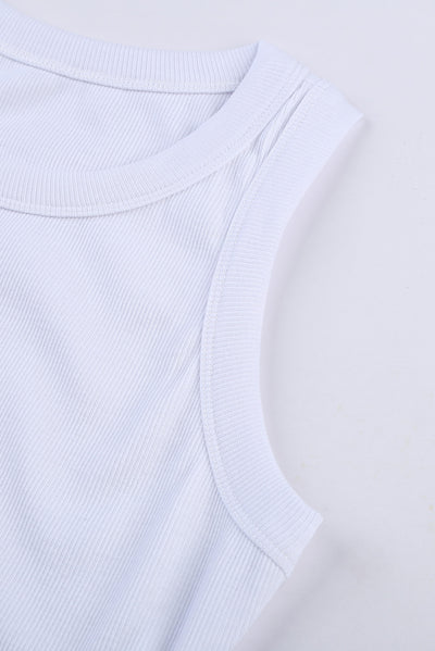 Solid White Round Neck Ribbed Tank Top