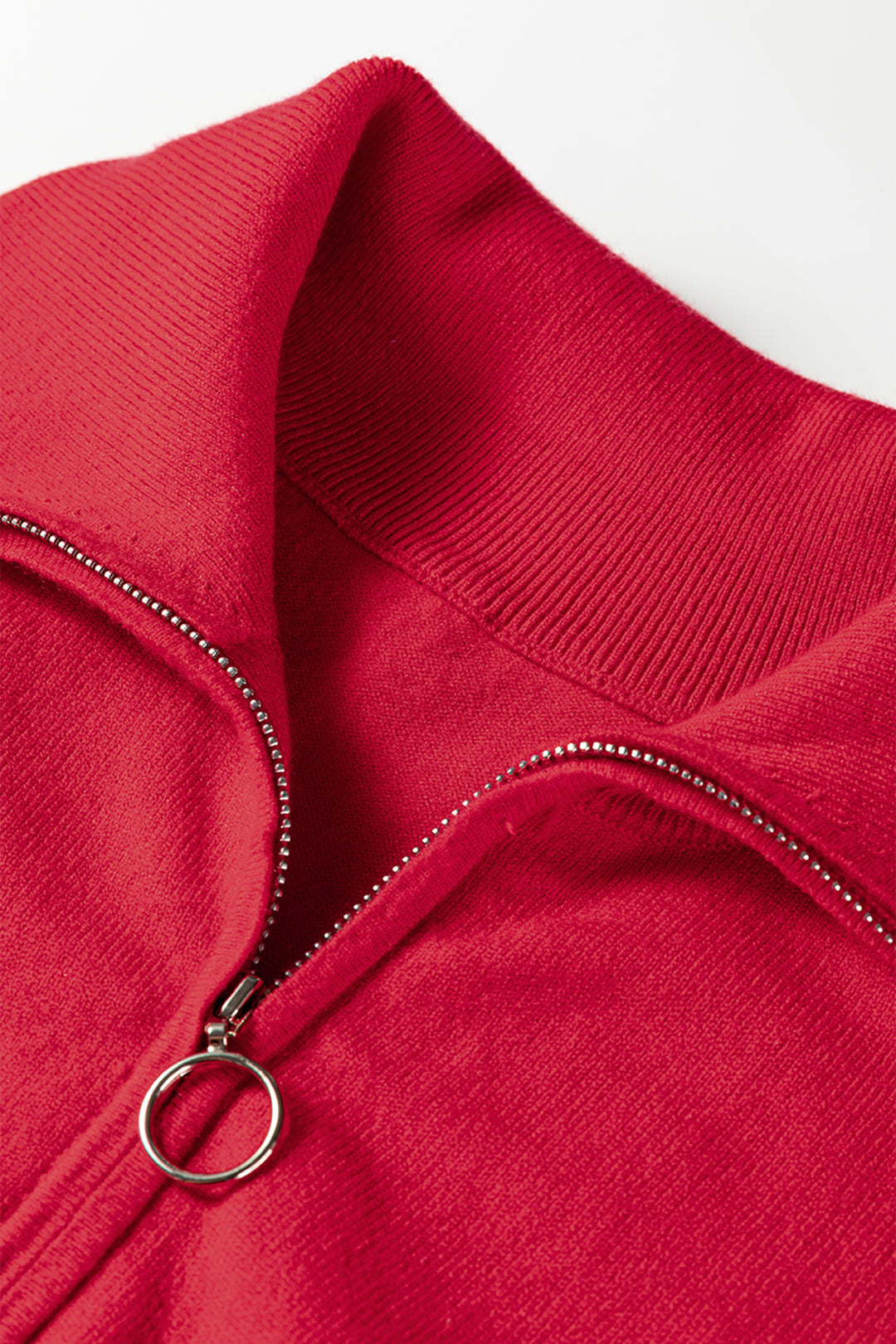 Fiery Red Quarter Zip Striped Detail Short Sleeve Sweater