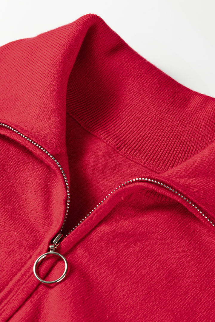 Fiery Red Quarter Zip Striped Detail Short Sleeve Sweater