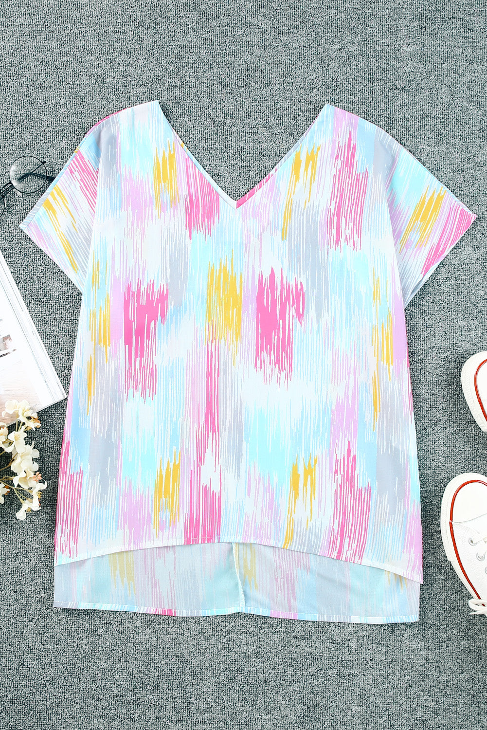 Multicolor Abstract Print V Neck Dolman Blouse