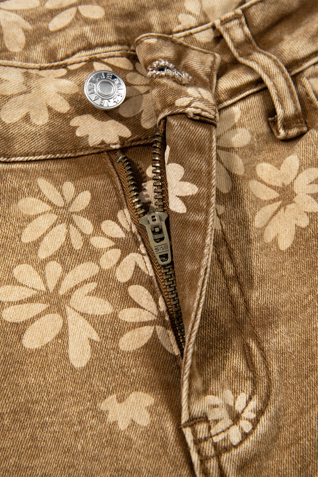Khaki Floral Print Metal Button Pleated Straight Leg Jeans