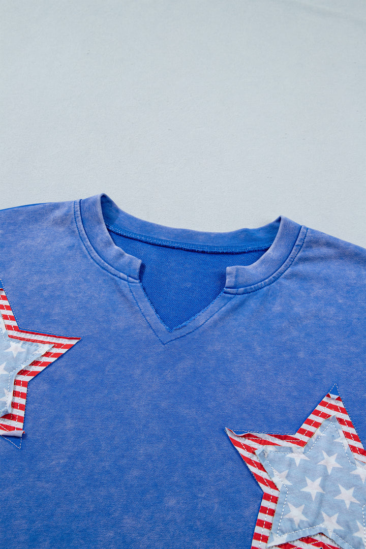 White Patriot Star Patched Notched Neck Mineral Washed Tee