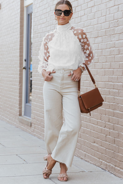 White Mock Neck Floral Mesh Long Sleeve Top