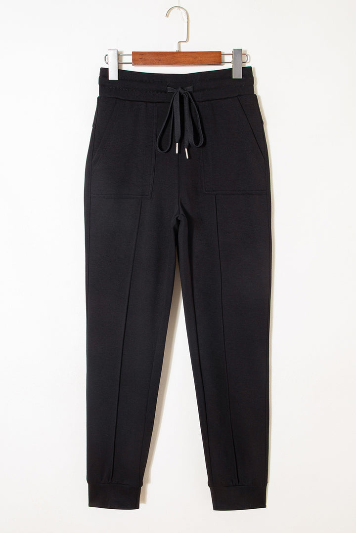 Black Exposed Seam Detail Skinny Drawstring Jogger Pants