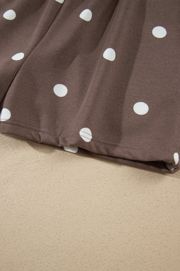 Brown Polka Dot Ribbed Trim Long Sleeve Top Casual Short Set