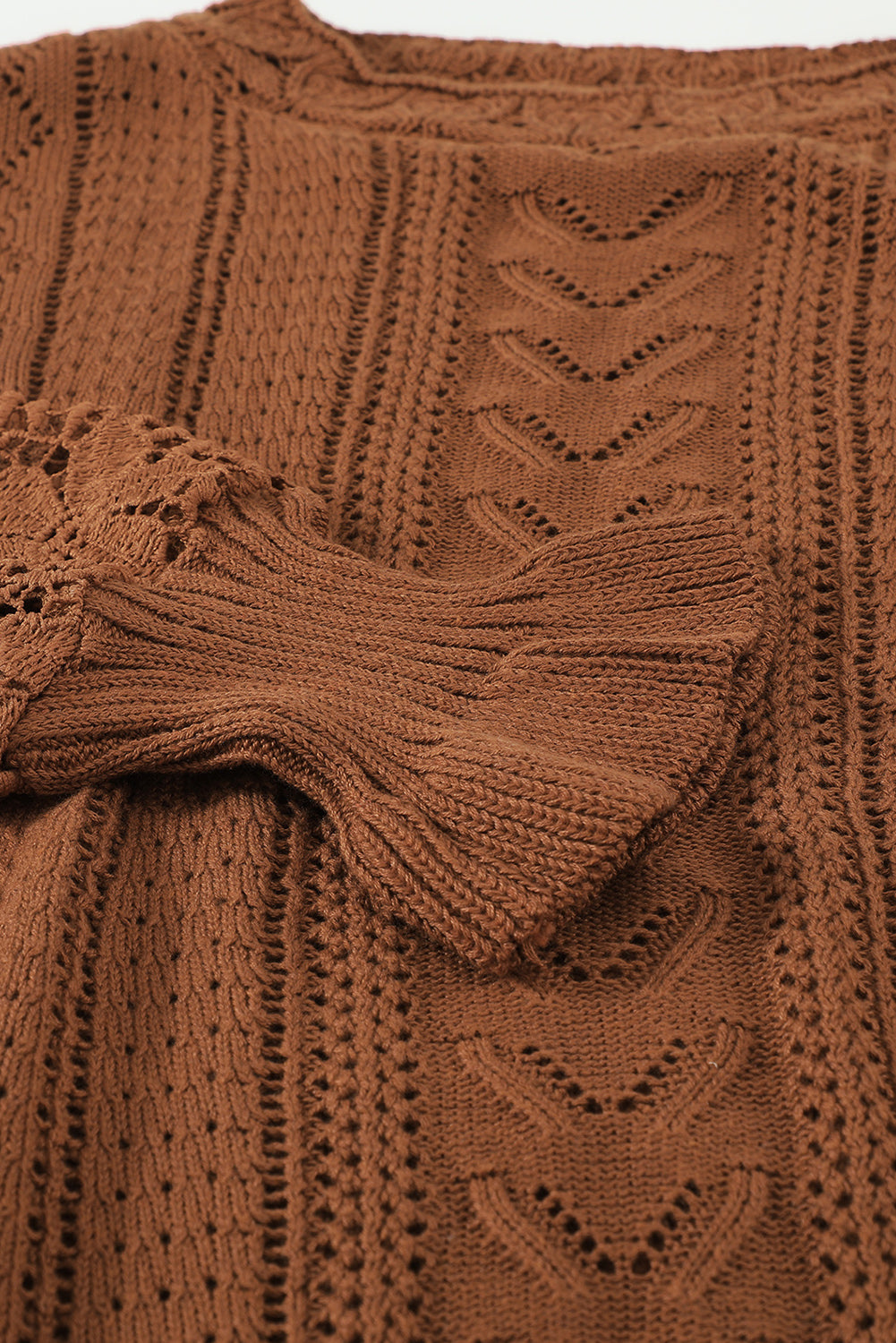 Brown Crochet Lace Pointelle Knit Sweater