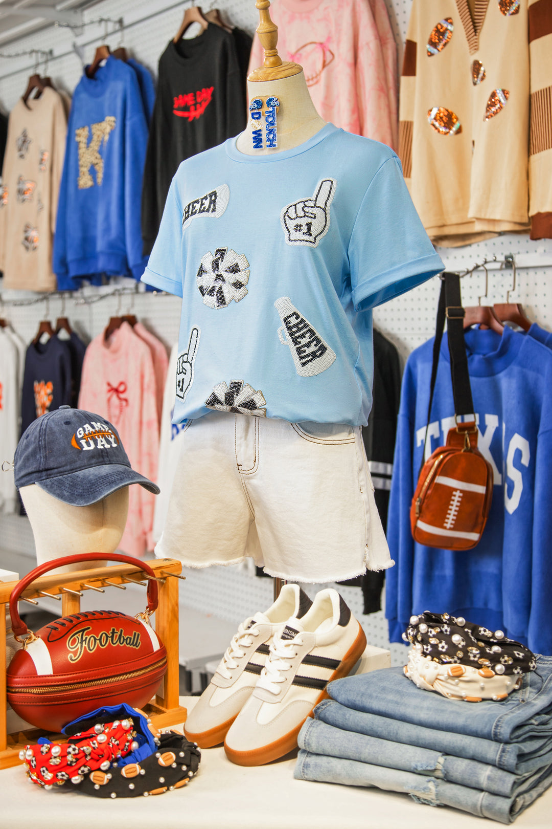 Light Blue Cheer Game Day Element Sequin Patched T Shirt