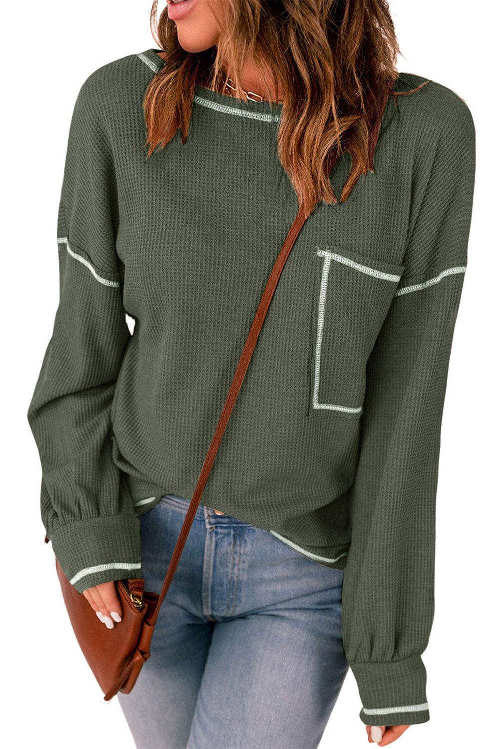 Mist Green Contrast Exposed Stitching Waffle Knit Top