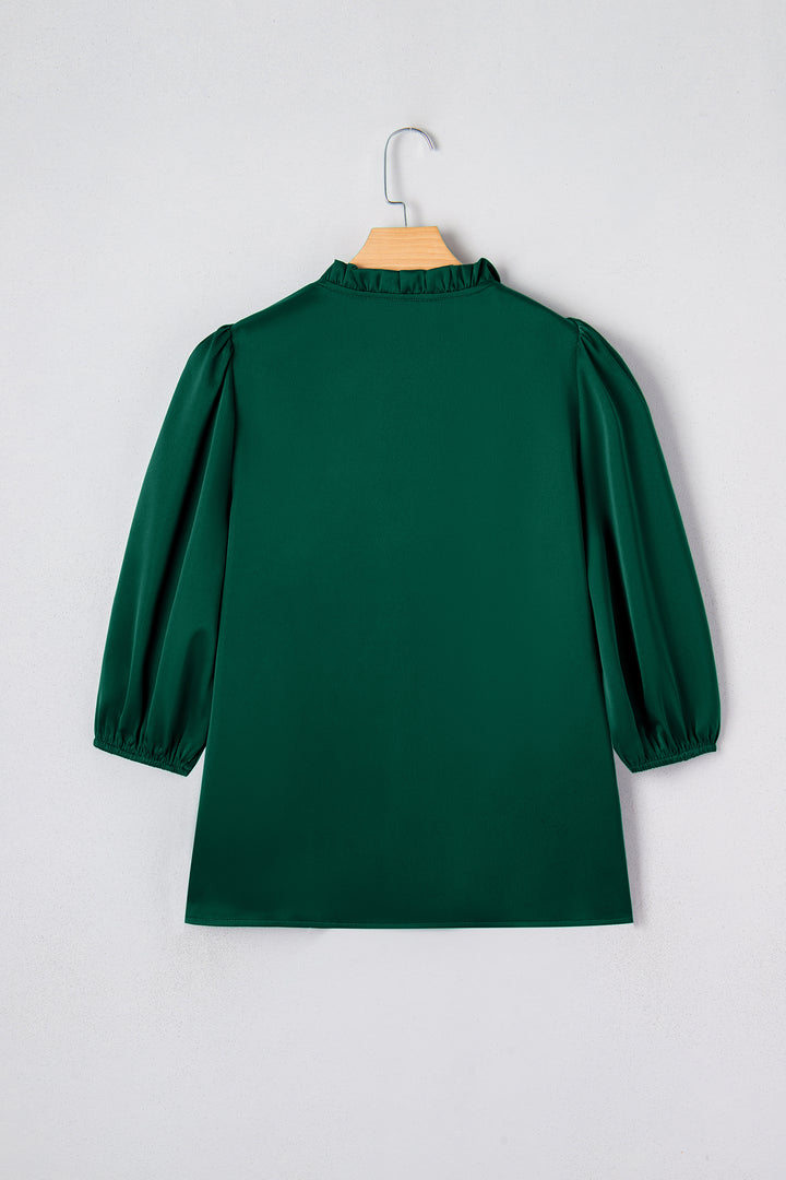 Blackish Green Solid Color Frilled V Neck Bow Detail 3/4 Sleeve Blouse