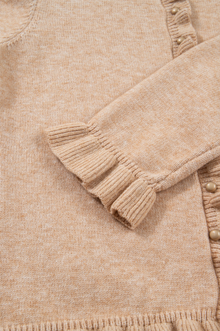 Oatmeal Ruffle Trim Gold Button Sweater Cardigan