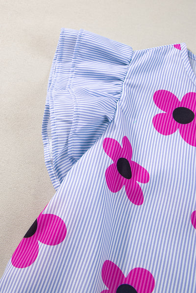 Sky Blue Pinstripe Floral Print Ruffled Flutter Sleeve Blouse