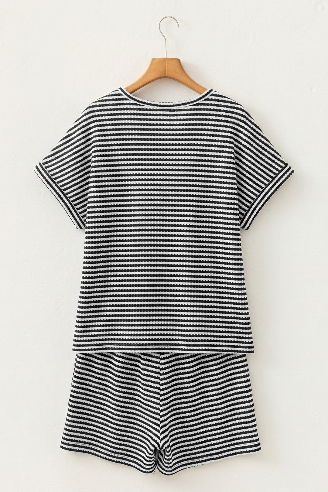 Brown Stripe Breathable Textured Knit Short 2pcs Set
