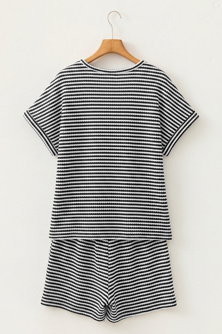 Brown Stripe Breathable Textured Knit Short 2pcs Set