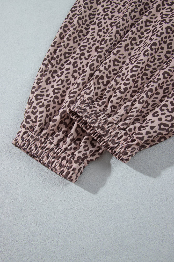 Khaki Leopard Print Elastic Waist Ankle Length Pants