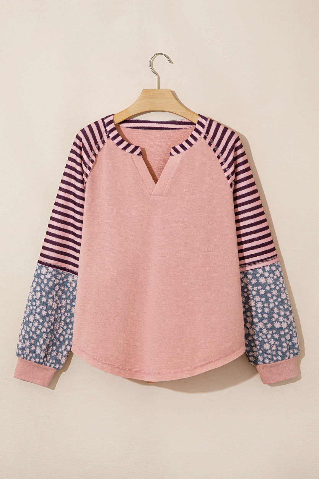 Light Pink V Neck Colorblock Patchwork Striped Floral Long Sleeve Casual Top