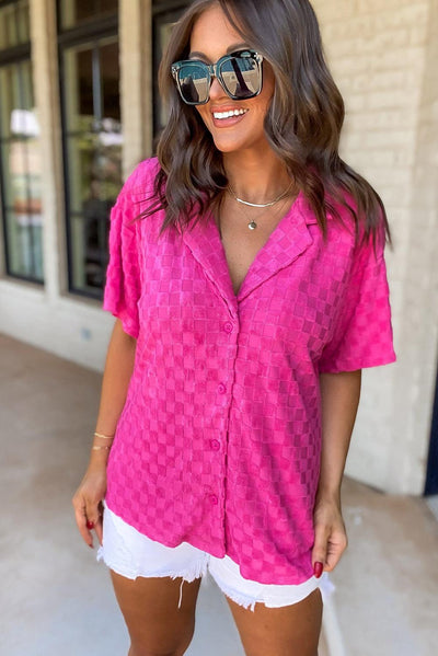 Bright Pink Lapel Neck Checkered Textured Short Sleeve Shirt