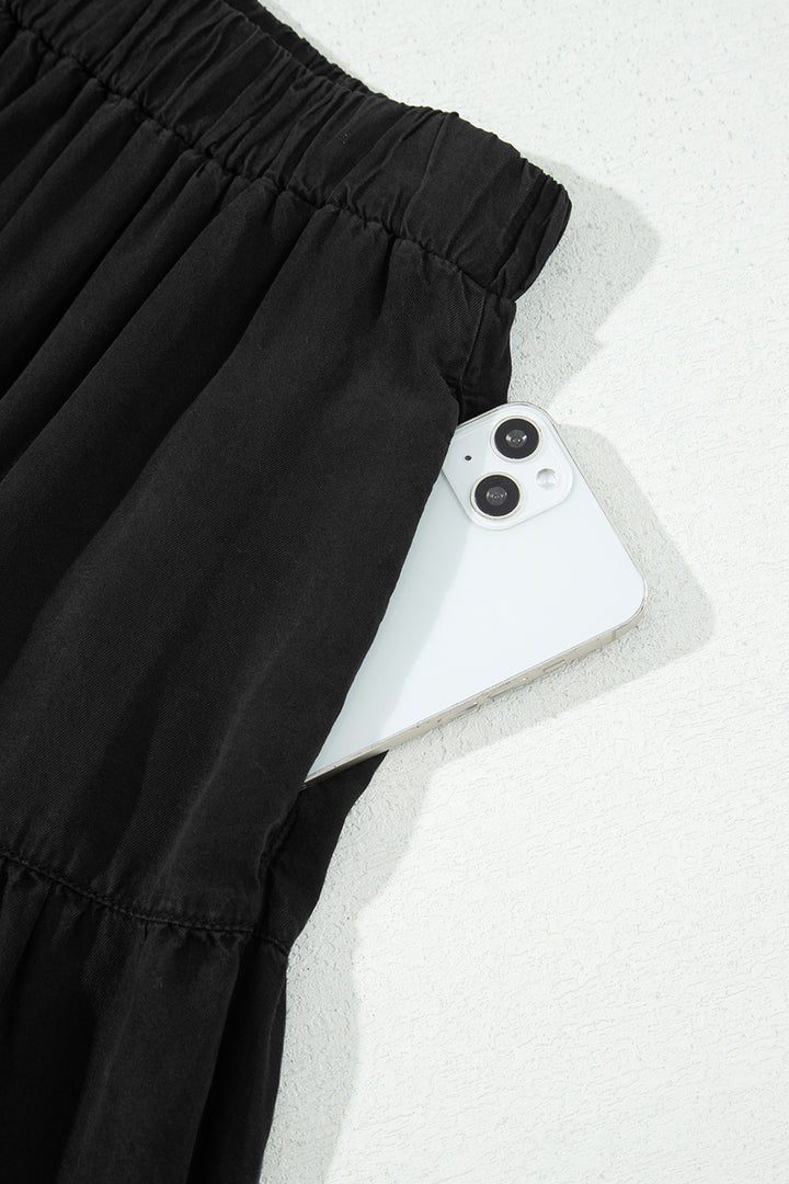 Black Elastic Waist Ruffled Tiered Flared Denim Maxi Skirt