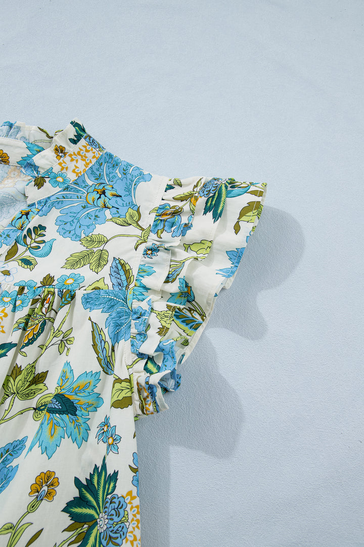 Beige Floral Print V Neck Triple Ruffle Short Sleeve Shift Mini Dress