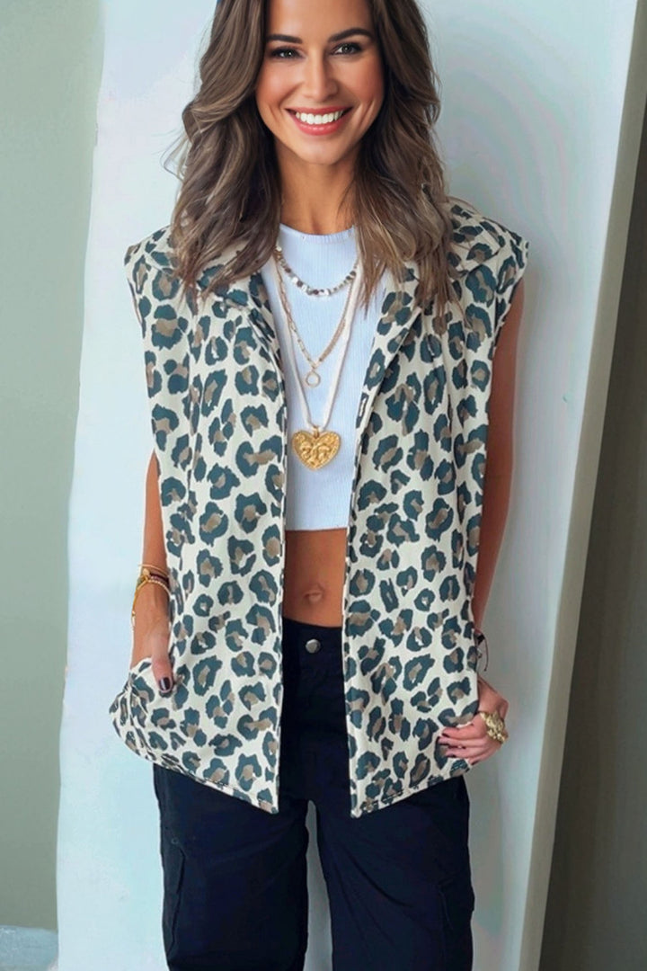 Brown Leopard Open Front Jacket Vest