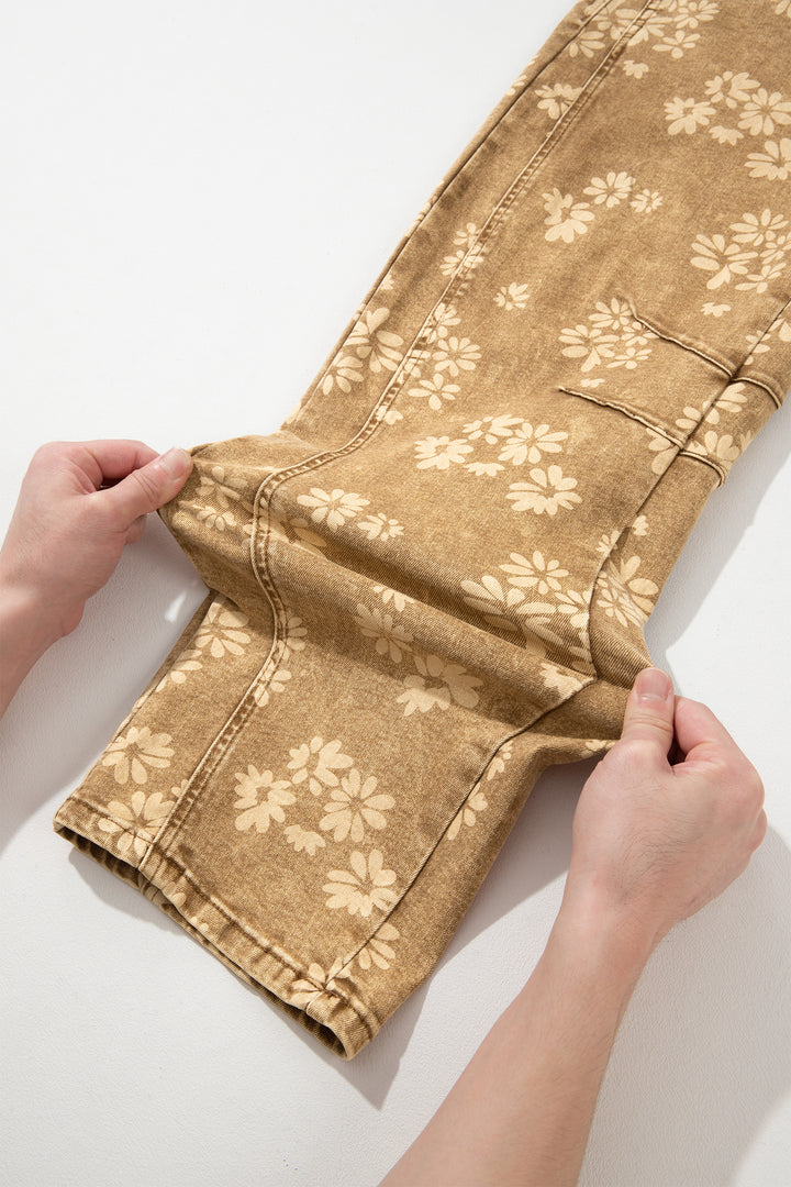 Khaki Floral Print Metal Button Pleated Straight Leg Jeans