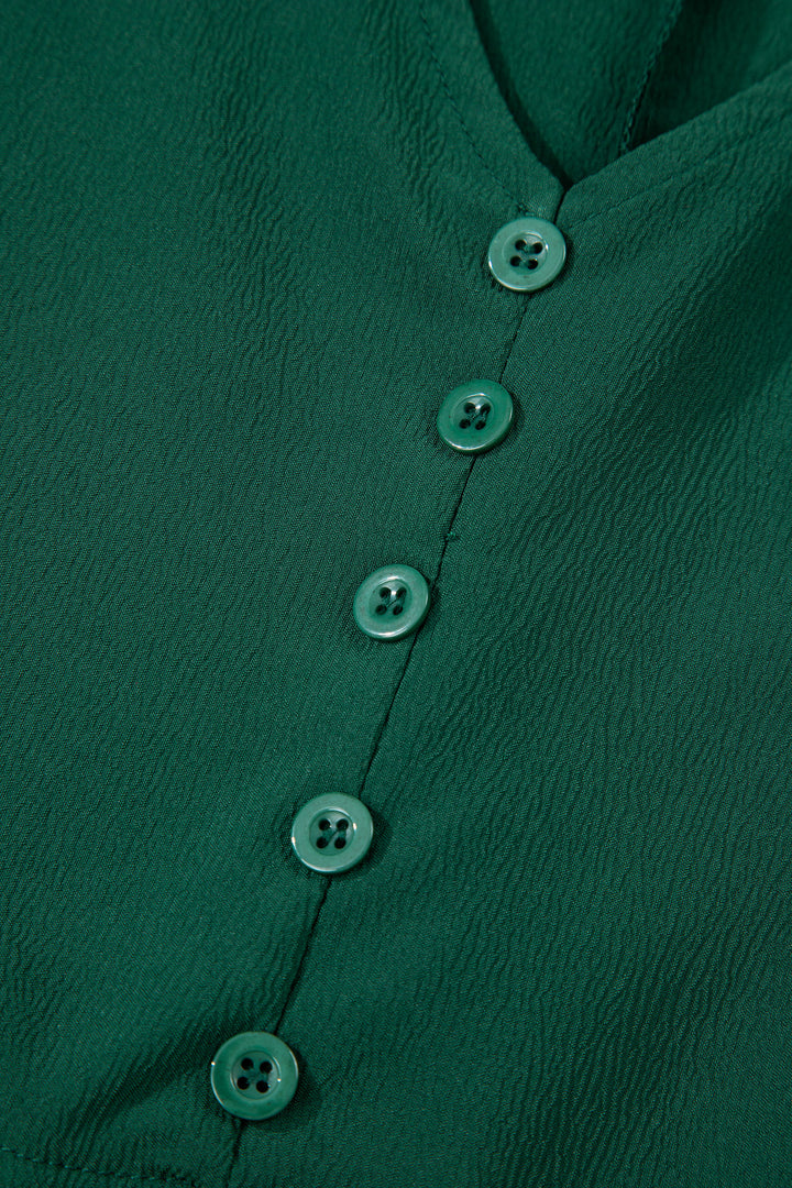 Blackish Green Solid Long Sleeve Button V Neck Tiered Maxi Dress