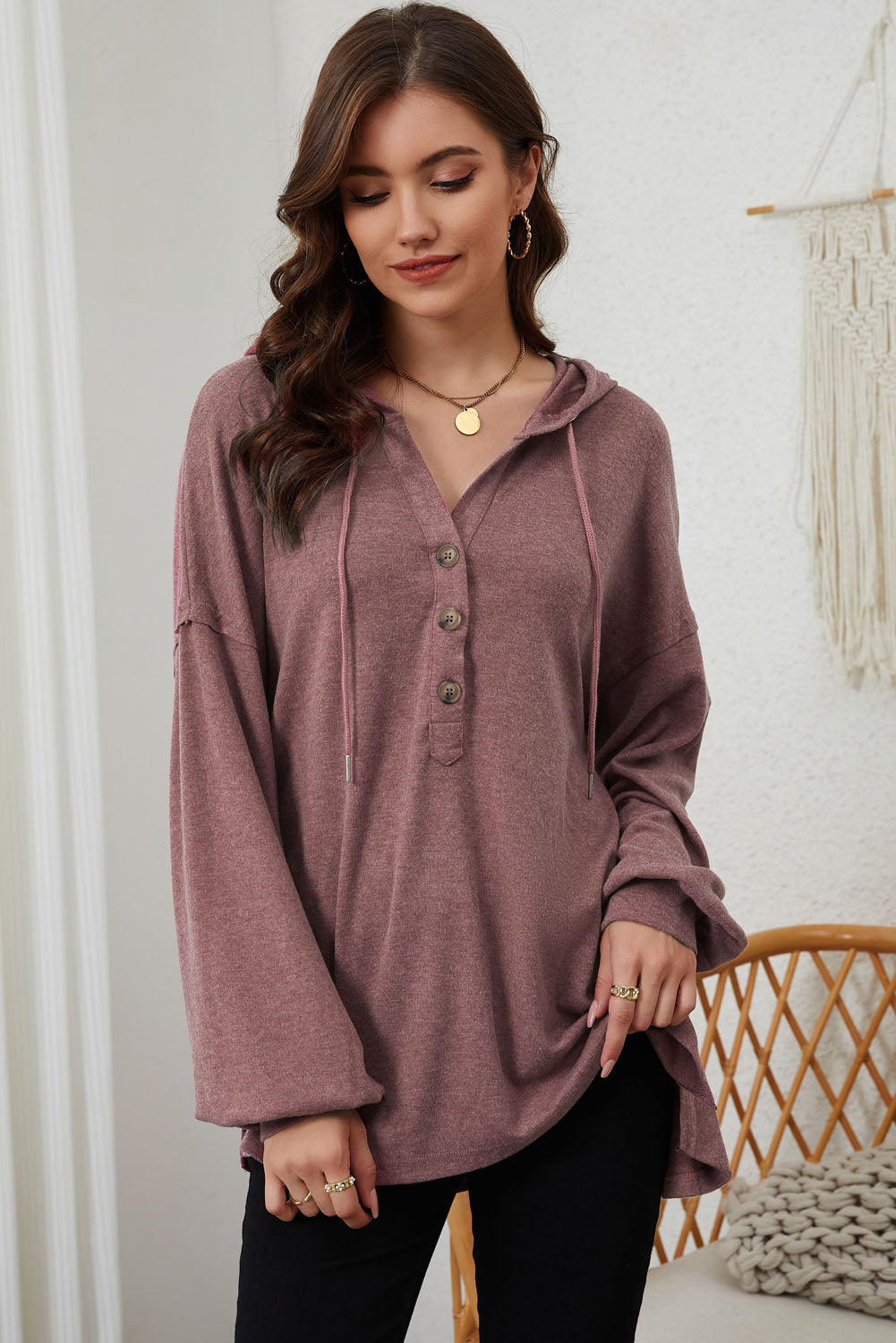 Buttoned High and Low Hem Hoodie