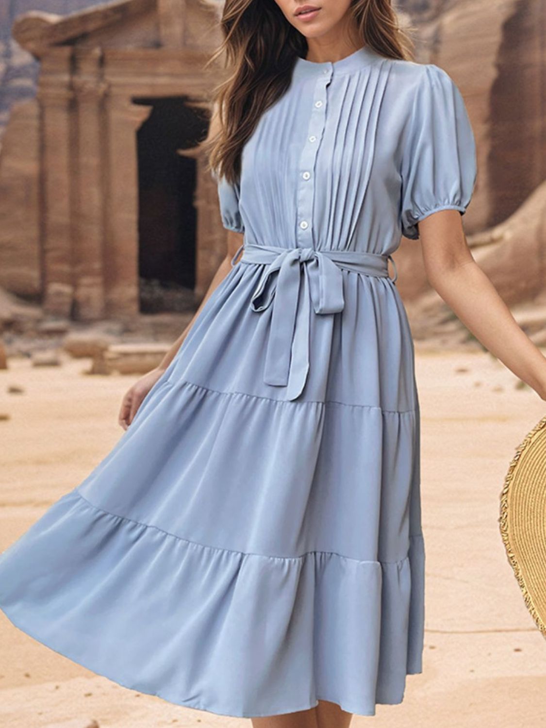 Perfee Tie Waist Puff Sleeve Midi Dress