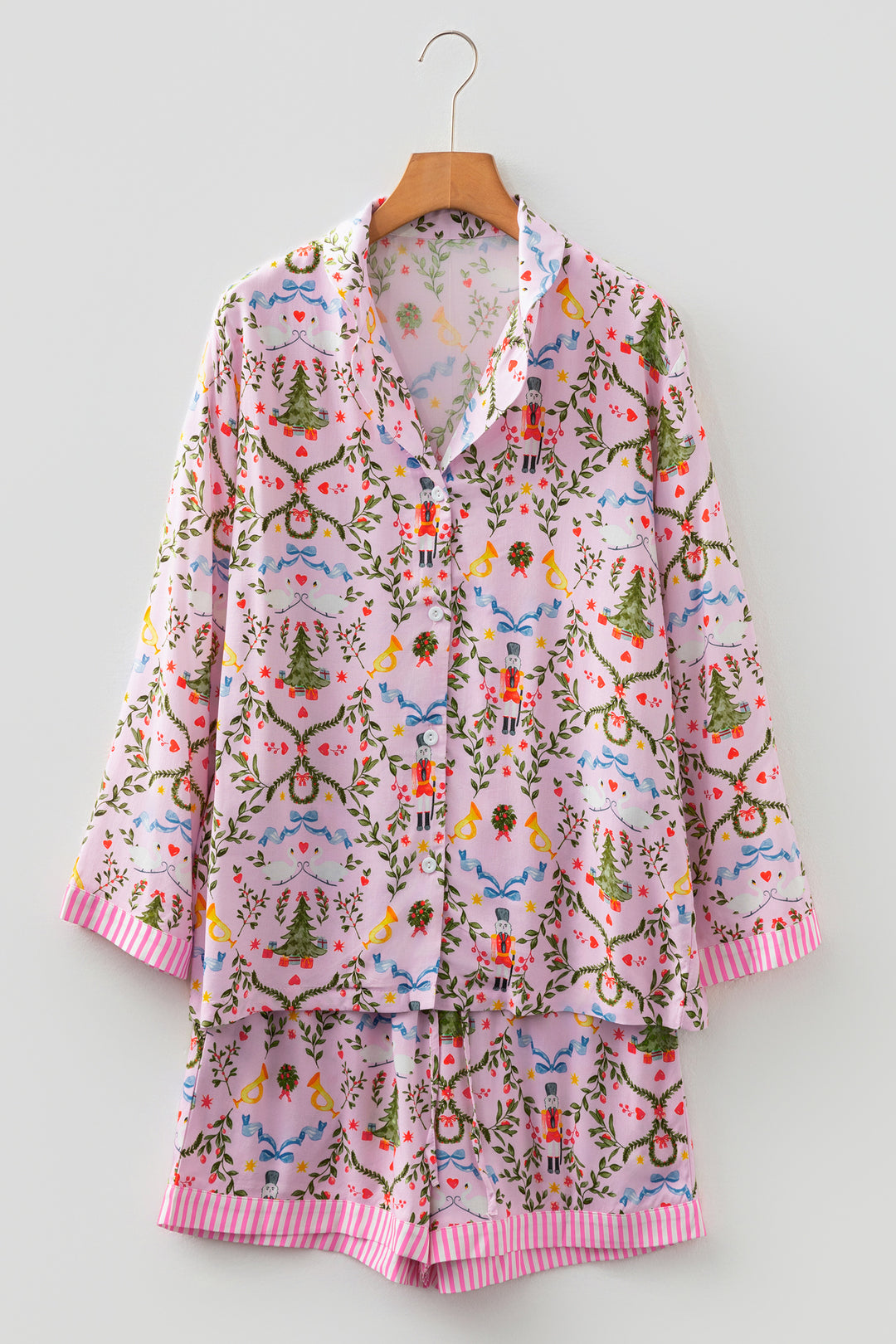 Pink Christmas Holiday Print Nutcracker Long Sleeve Shorts 2pcs Pajama Set