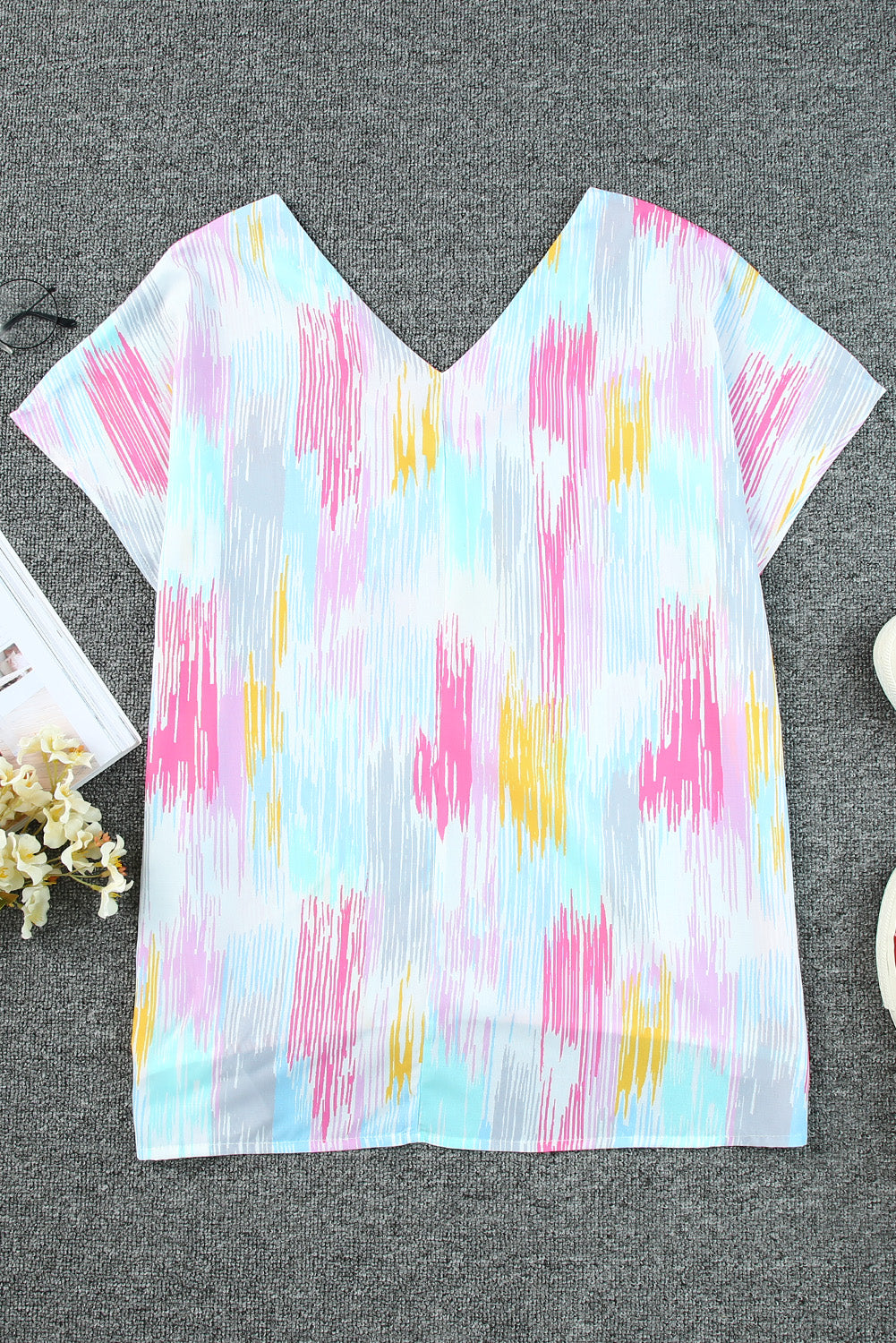 Multicolor Abstract Print V Neck Dolman Blouse