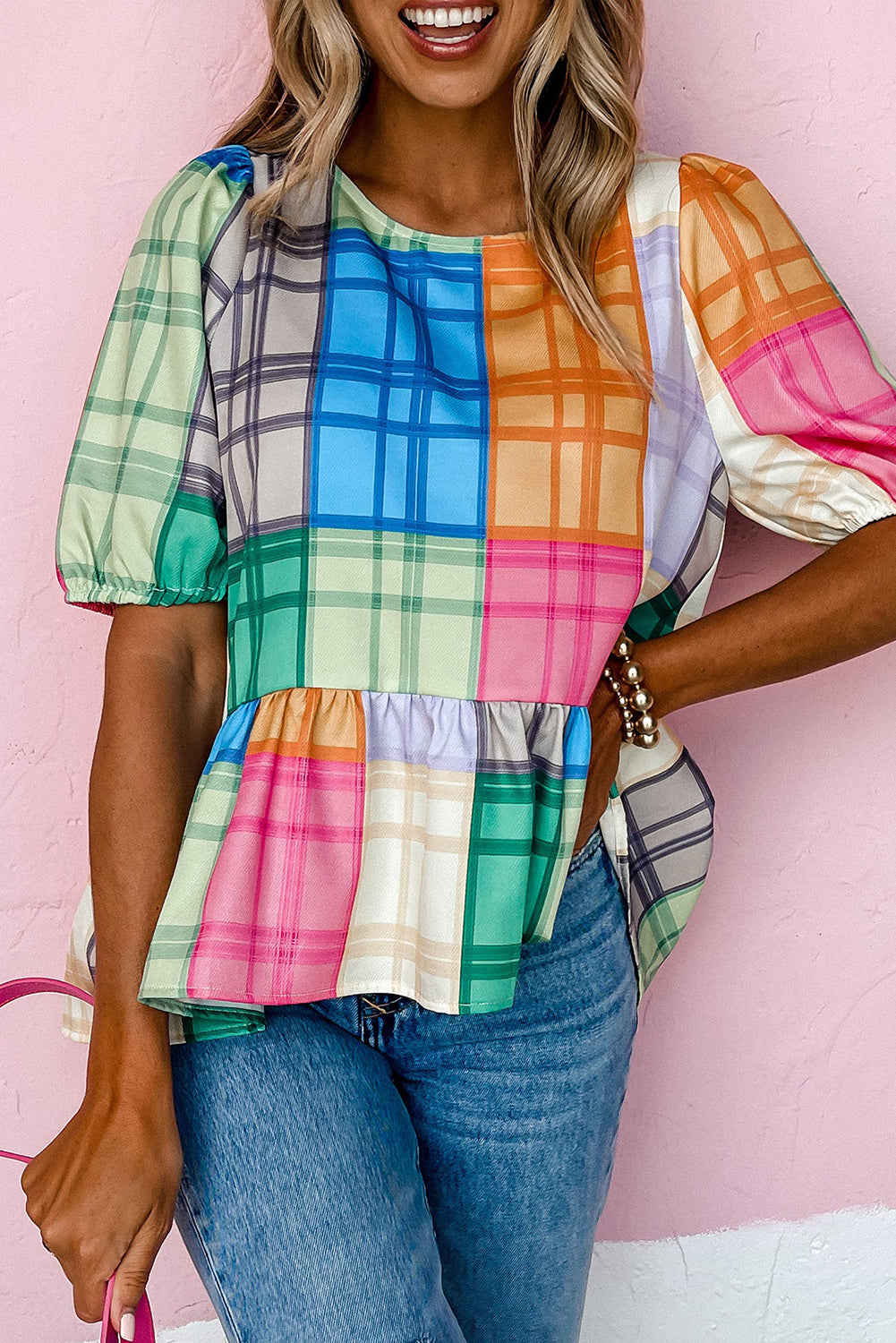 Multicolor Bold Plaid Color Block Puff Sleeve Peplum Top