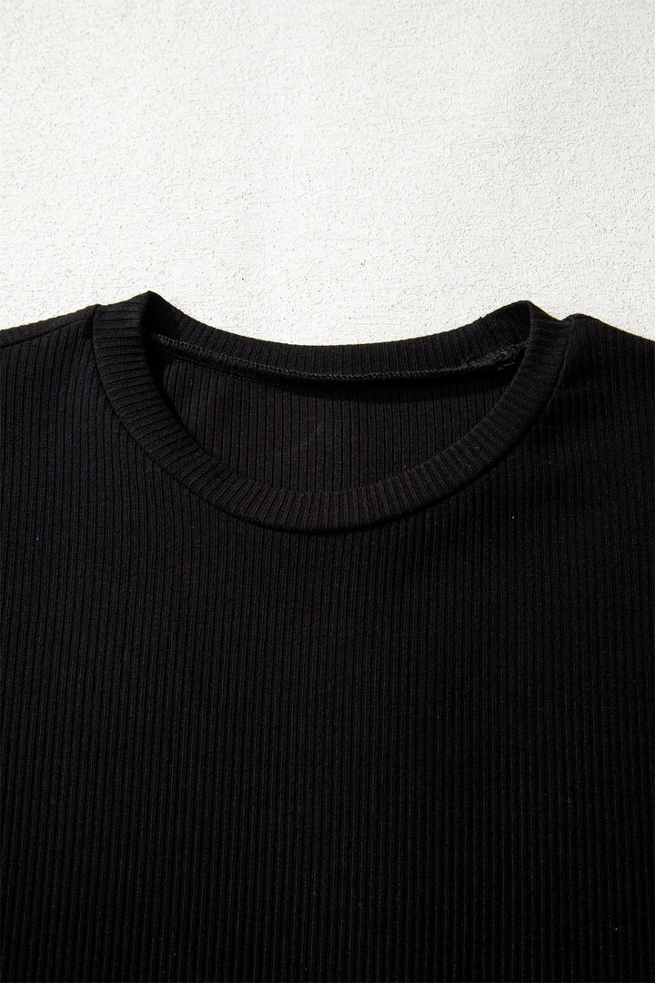 Black Ribbed Long Sleeve Crew Neck Solid Color Bodysuit