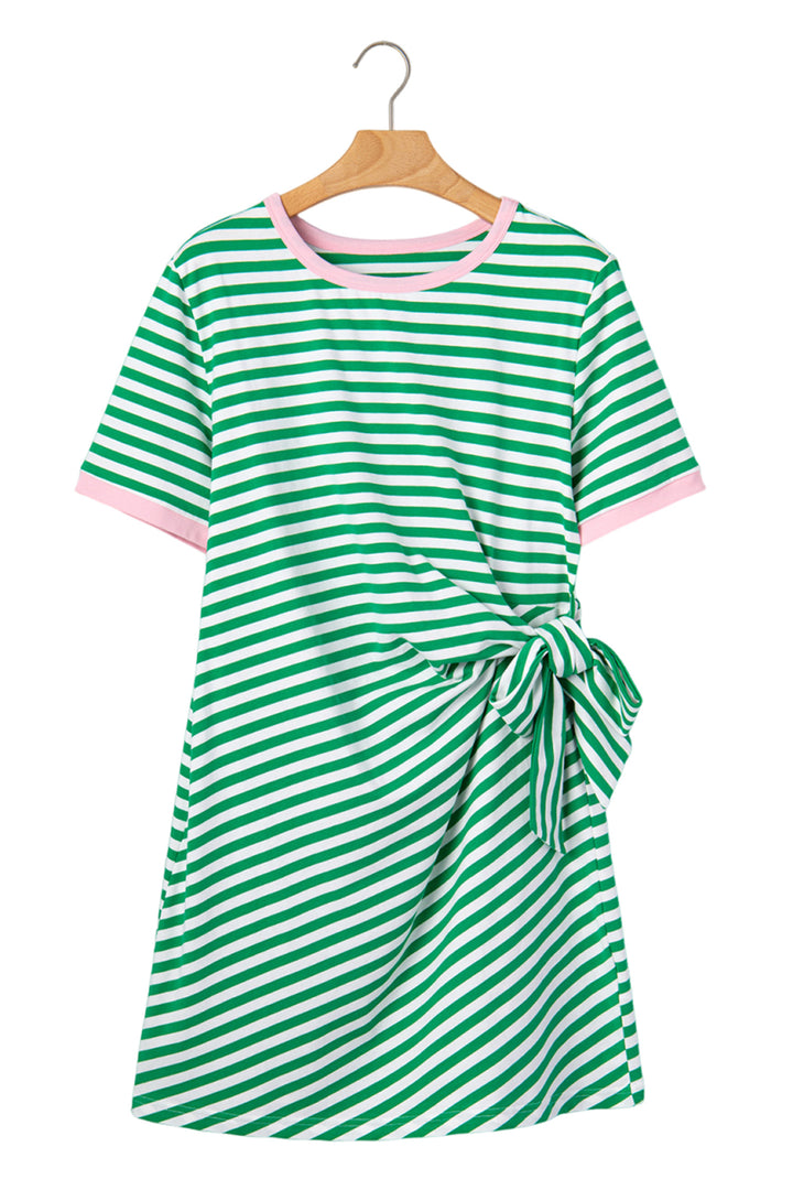 Sky Blue Stripe Nautical Tie Contrast Trim Round Neck T Shirt Mini Dress