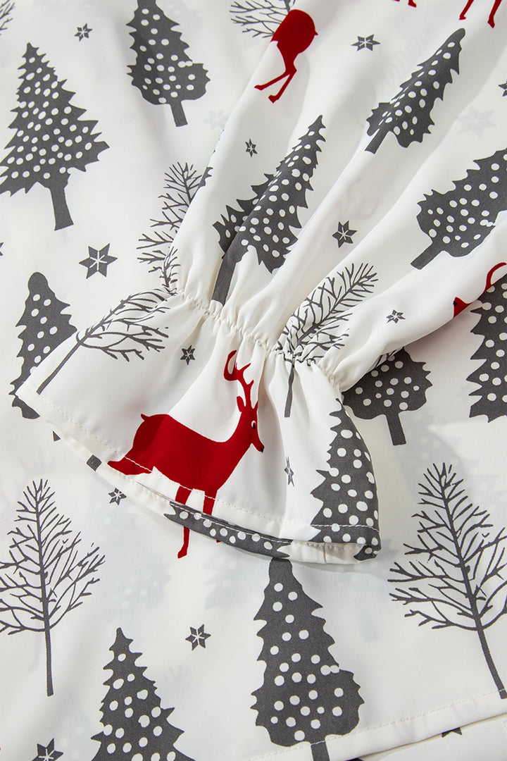 White Christmas Fashion Print Velvet Trim Bow Knot Pajama 2pcs Short Set