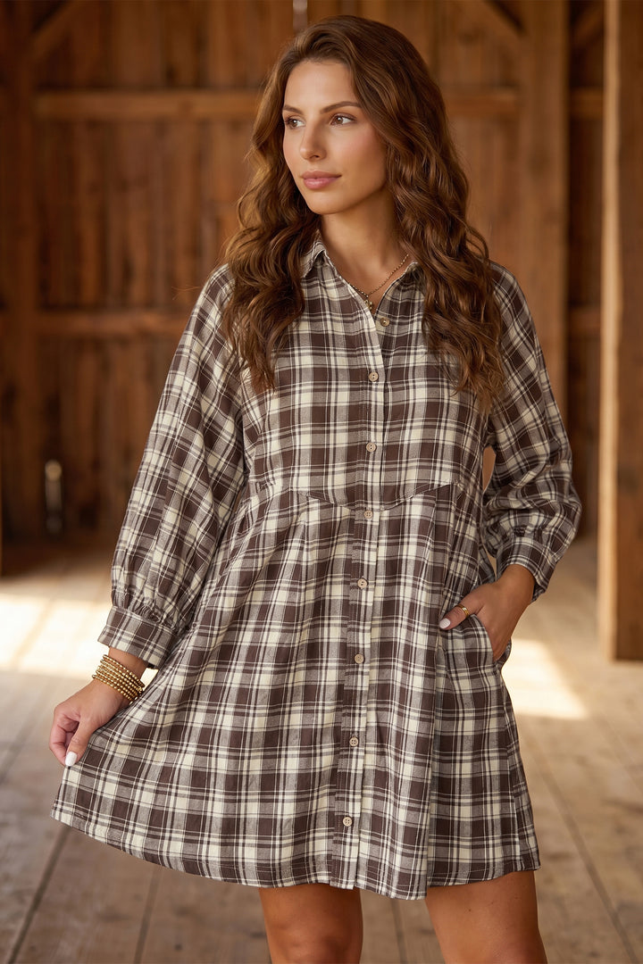 Brown Plaid Long Sleeve Short Shift Mini Dress