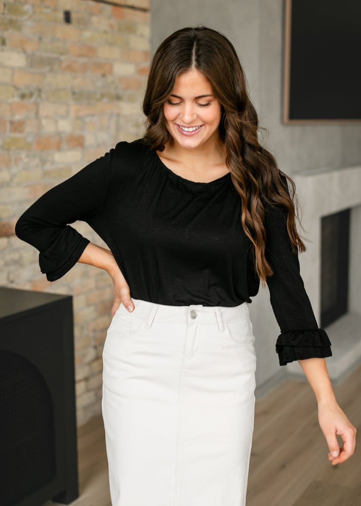Essential Black Ruffled 3/4 Sleeve Top - FINAL SALE