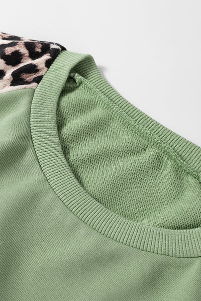 Grass Green Leopard Print Colorblock Raglan Sleeve Sweatshirt