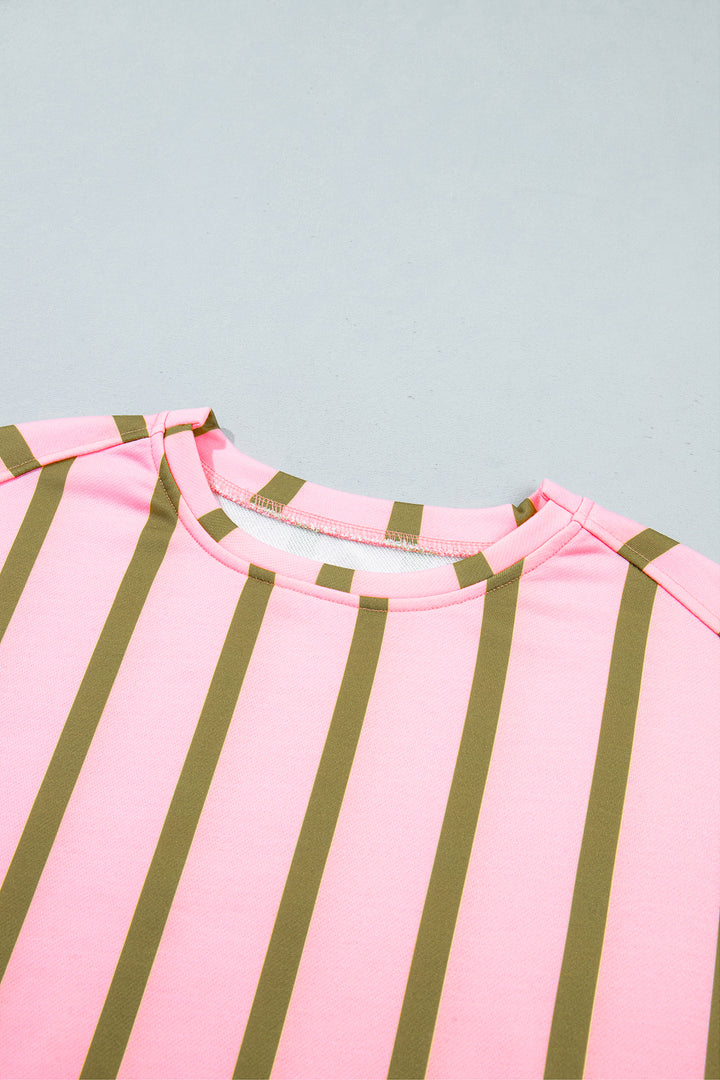 Pink Stripe Dropped Shoulder Round Neck Casual Sweatshirt