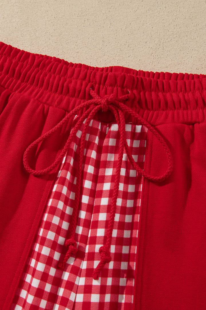 Red Color Block Plaid Patchwork Long Sleeve Pullover Wide Leg Pant Set
