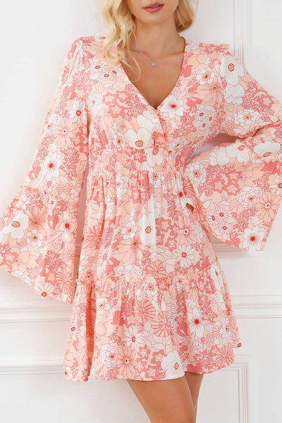 Floral Smocked High Waist Bell Sleeve Mini Dress