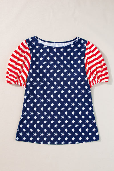 Navy Blue 4th Of July Stars Stripes Puff Sleeve T Shirt