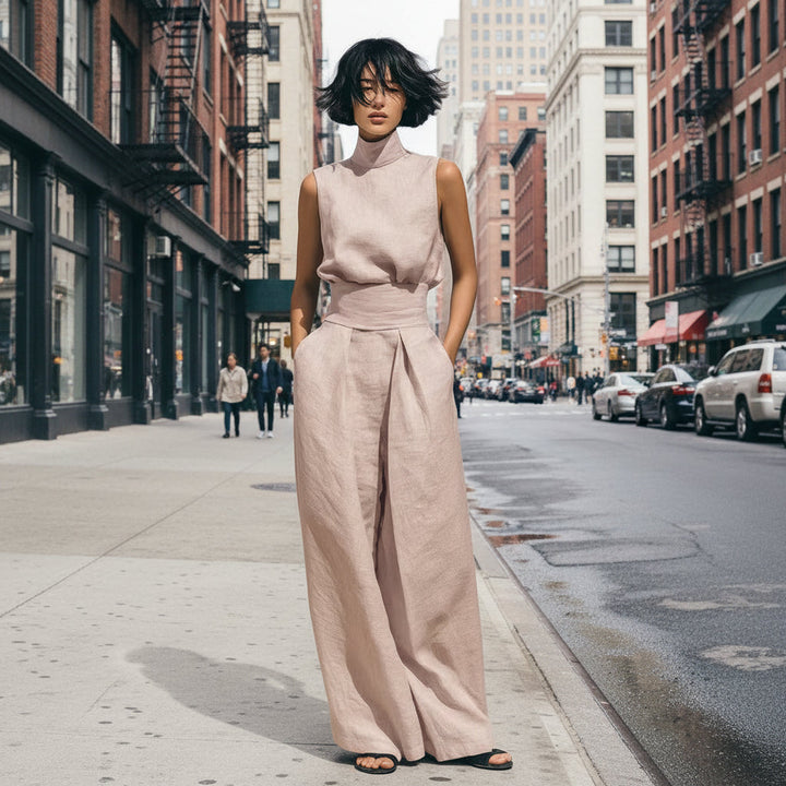 Women’s Cotton Linen Two-Piece Set – Sleeveless Top &amp; Wide-Leg Pants
