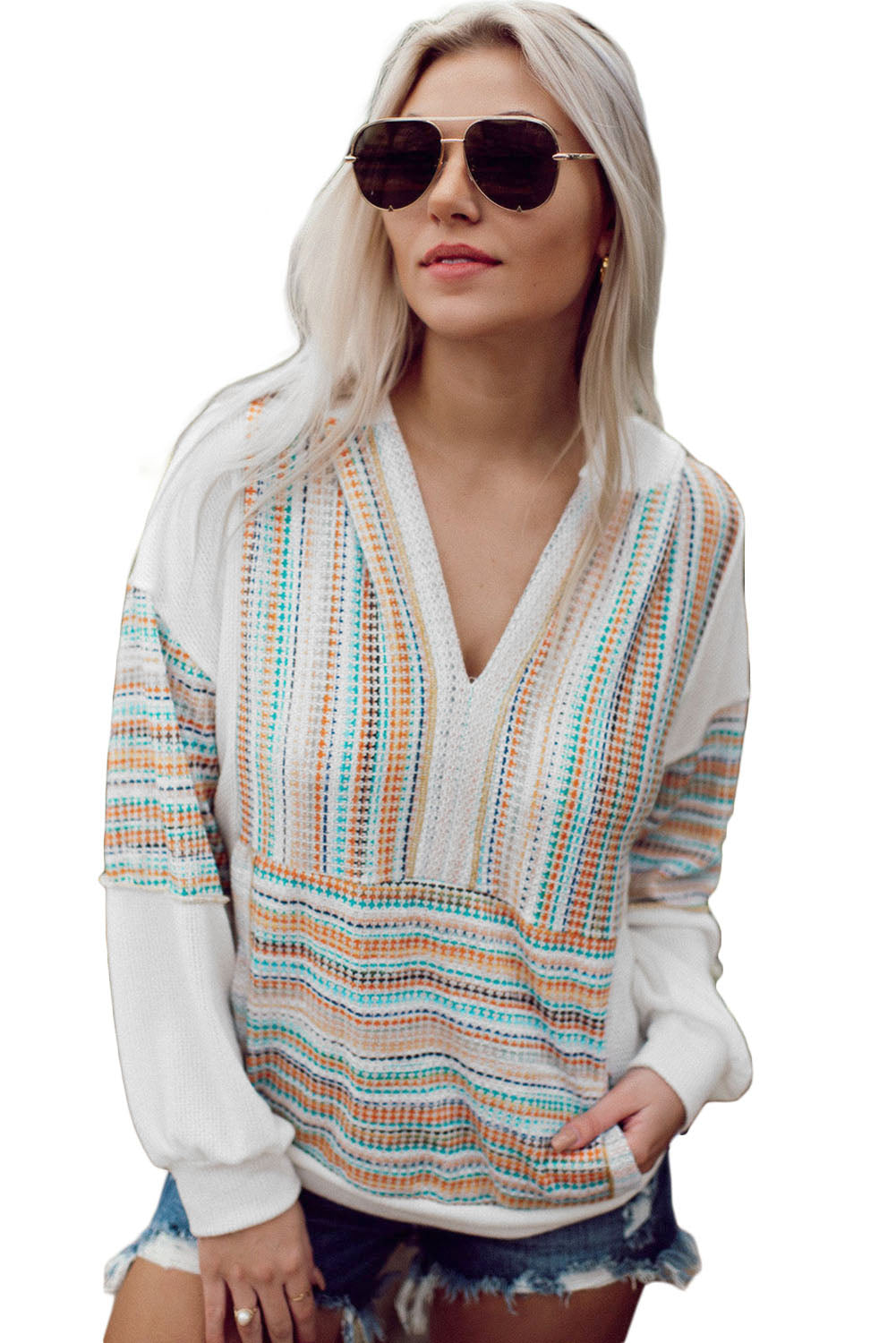 Multicolor Striped Patchwork V Neck Drop Shoulder Knit Hoodie