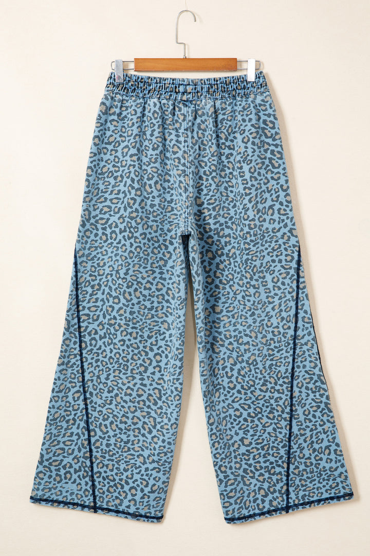 Blue Leopard Print Exposed Seam Detail Wide Leg Drawstring Jeans